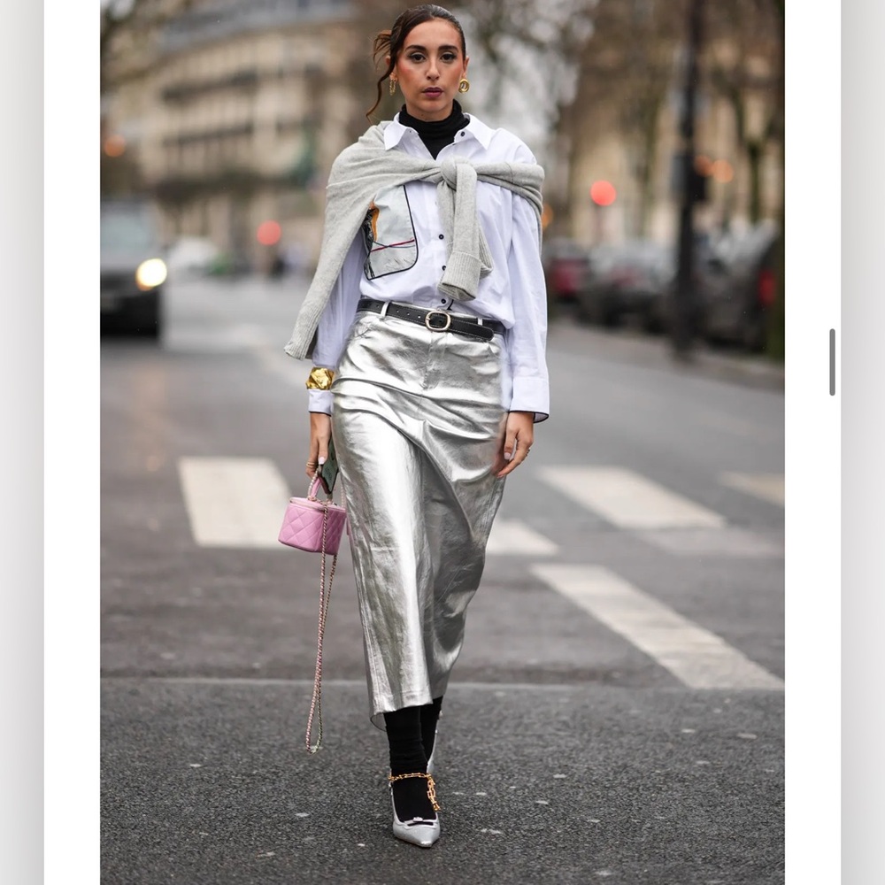 ZARA Stunning Silver Faux Leather Metallic Midi w/Broad Waistband & back slit🔥🔥🔥 - Picture 3 of 12